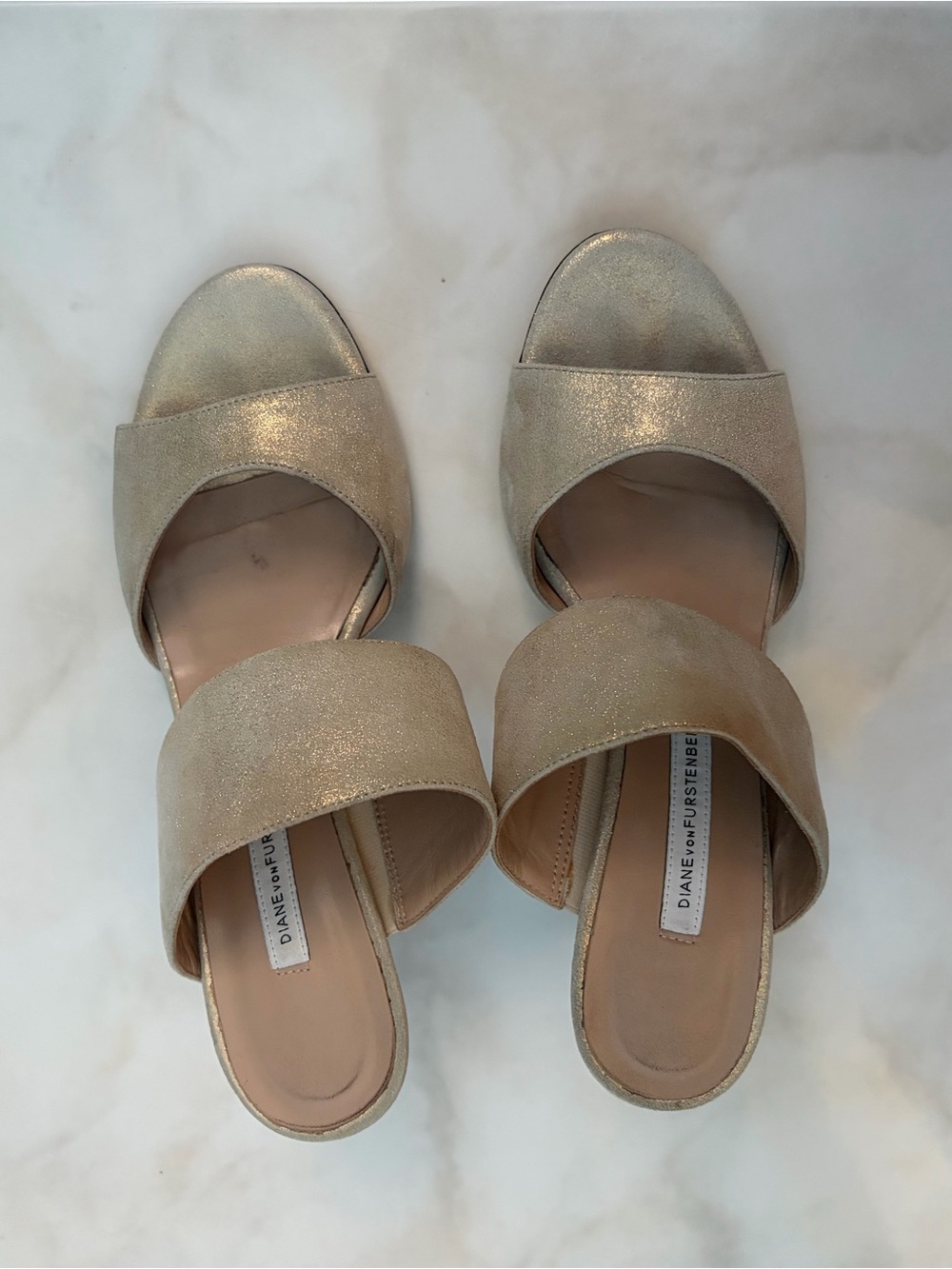 Diane Von Furstenberg Metallic Champagne Double-Band Slide Mules